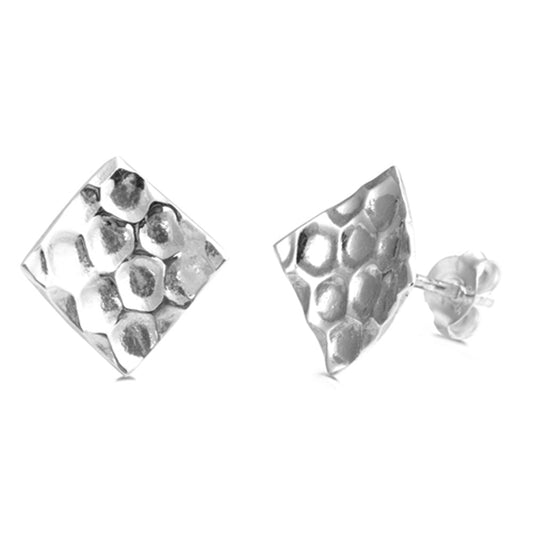 Honeycomb Textured Square Curved .925 Sterling Silver Modern High Polish Stud Earrings