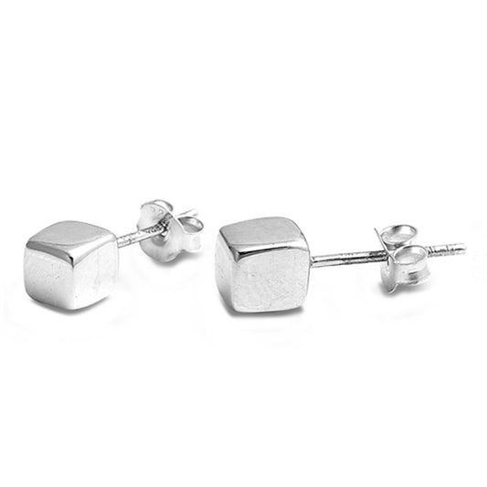 Square Box Tiny Cube Classic .925 Sterling Silver Small Plain Stud Earrings