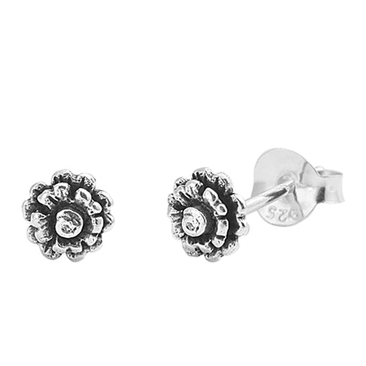 Detailed Petal Oxidized Flower Nature .925 Sterling Silver Bloom Blossom Stud Earrings