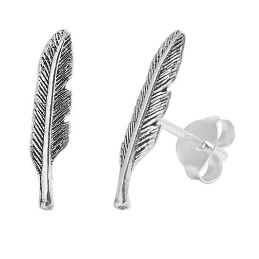 Nature Textured Feather Bohemian .925 Sterling Silver Boho Plume Festival Fashion Stud Earrings