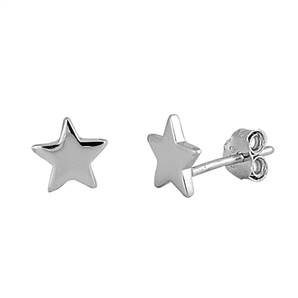 Flat High Polish Star Simple .925 Sterling Silver Classic Stud Earrings