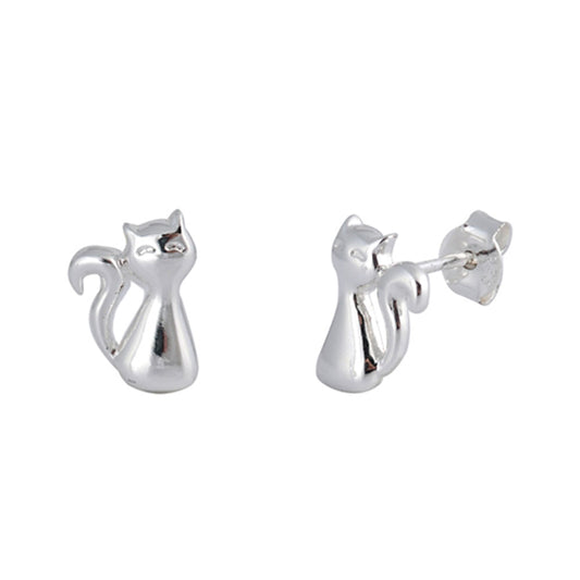 Animal Cute High Polish Cat Kitty .925 Sterling Silver Curl Tail Pet Shiny Stud Earrings