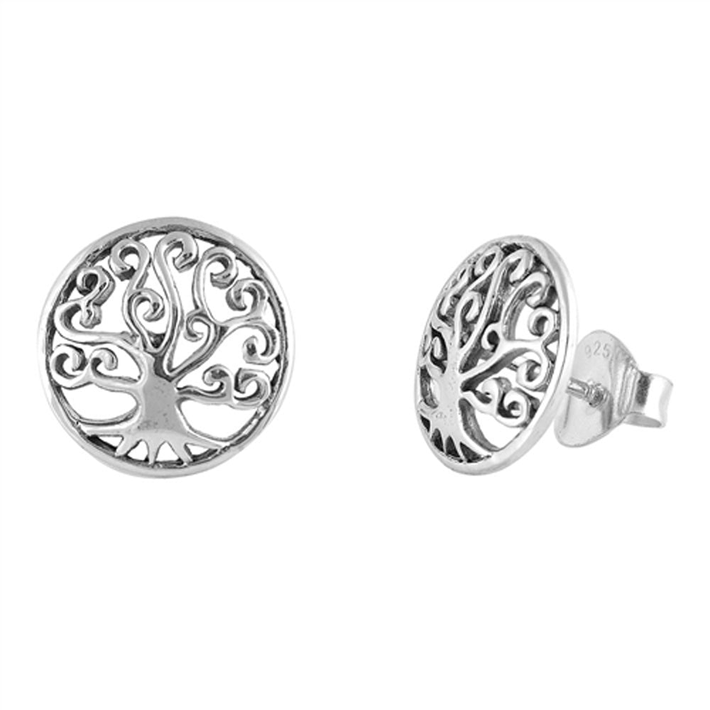 Sterling Silver Tree of Life Filigree Swirl Spiral Round High Polished Earrings