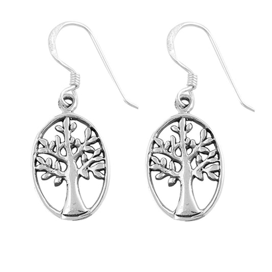 Open Oval Tree of Life Branch .925 Sterling Silver Leaf Nature Earrings
