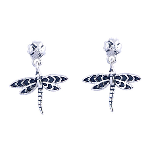 Oxidized Wing Dragonfly Flower Dangle Insect .925 Sterling Silver Bug Stud Earrings