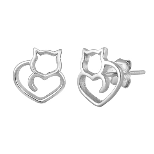 Sterling Silver Cute Pussy Cat Heart Love Kitten Pet Stud Earrings 925 New