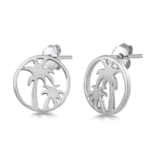 Sterling Silver Palm Tree Open Round Nature Tropical Earrings 925 New