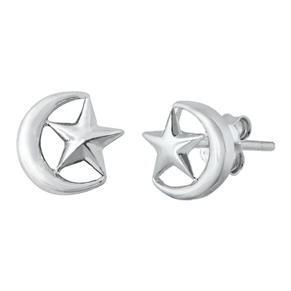 Sterling Silver Crescent Moon Star Celestial Space Mystic Night Sky Earrings 925