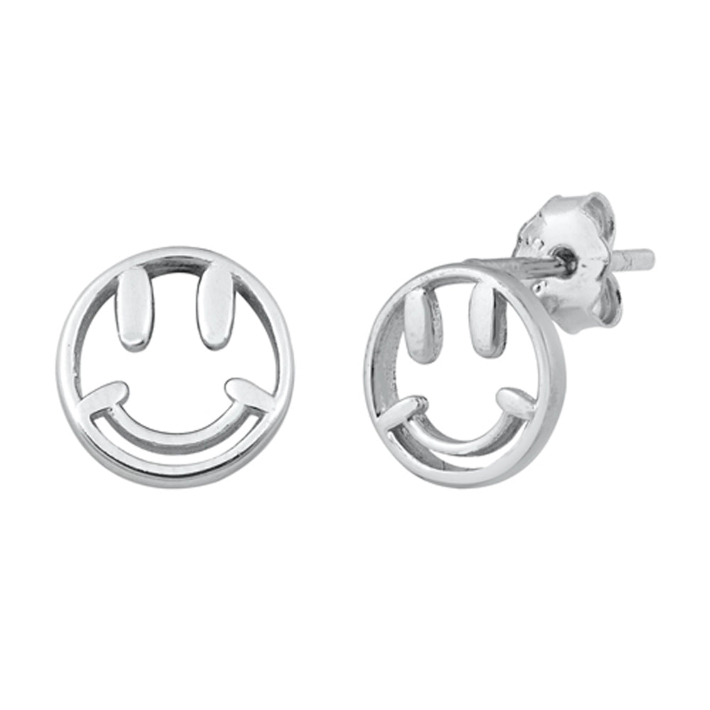 Sterling Silver Simple Happy Face Smile Cute Open Outline Retro Earrings 925 New