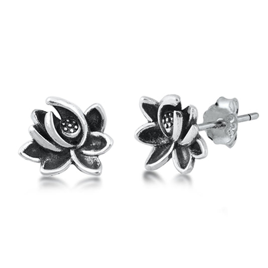Sterling Silver Lotus Flower Bloom Nature Beautiful Garden Oxidized Earrings 925