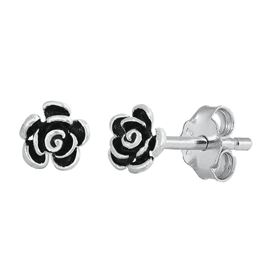 Sterling Silver Oxidized Flower Rose Elegant Stud Earrings 925 New