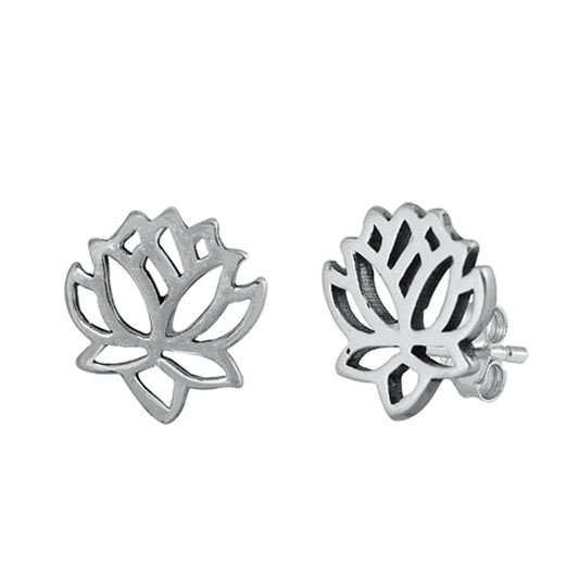 Sterling Silver Flat Cutout Lotus Flower Elegant Bloom Nature Earrings 925 New