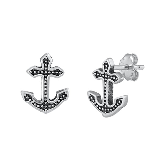 Sterling Silver Bali Anchor Oxidized Detail Granulated Line Nautical Earrings