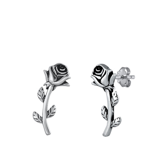 Sterling Silver Elegant Rose Flower Nature Leaf Earrings Oxidized 925 New