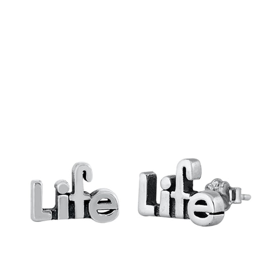 Sterling Silver Life Word Text Letter High Polished Earrings 925 New