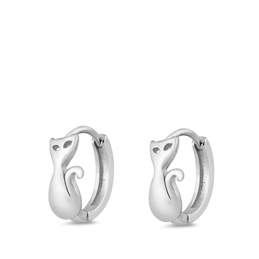 Sterling Silver Cute Cat Hoop Satin Finish Animal Statement Earrings 925 New