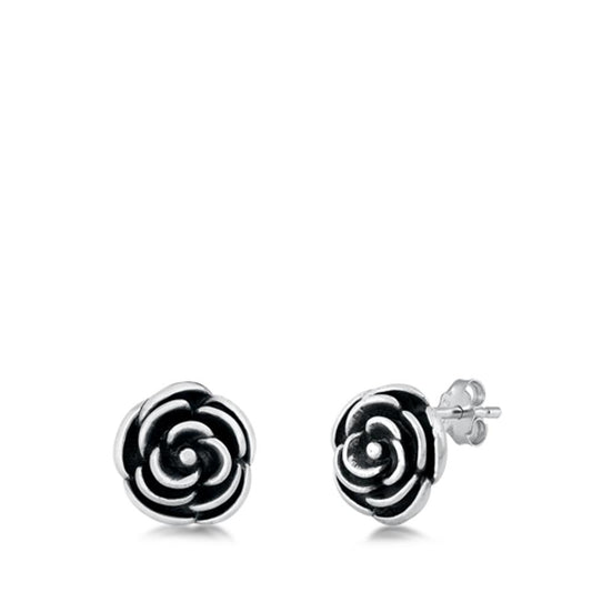 Women's Beautiful Oxidized Rose Stud Earrings Sterling Silver Flower 925 New