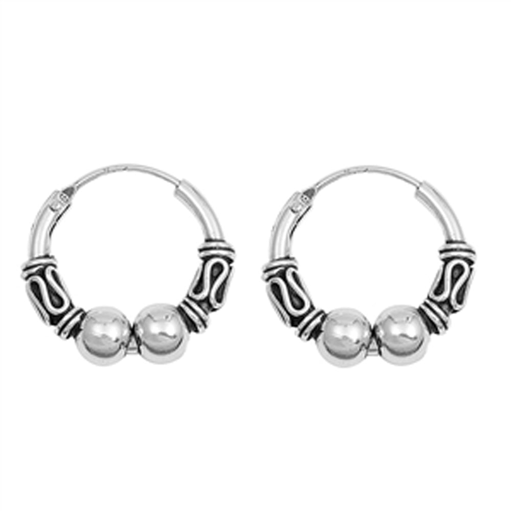 Sterling Silver Bali Style Hoop Statement Boho Bead Ball Earrings 925 New