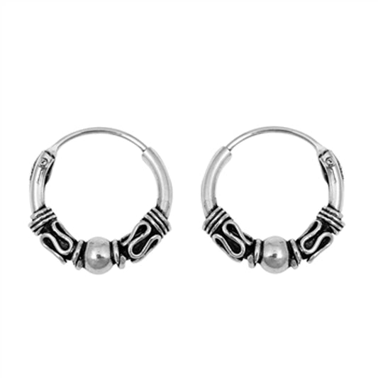 Sterling Silver Ornate Hoop Statement Bali Style Boho Earrings 925 New