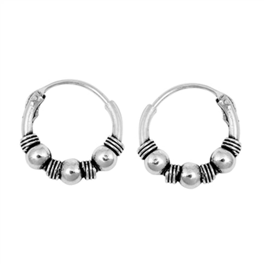 Sterling Silver Statement Hoop Bead Bali Style Unique Earrings 925 New