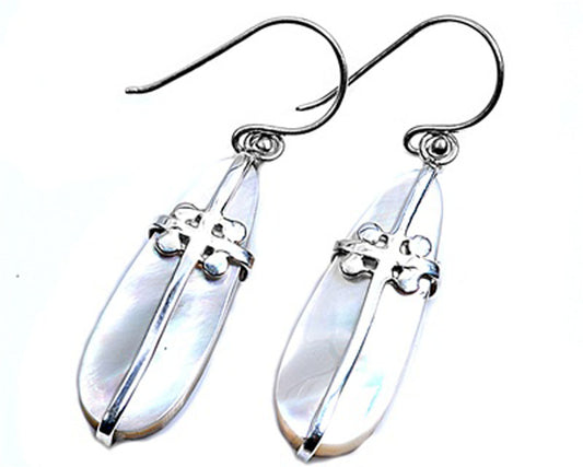 Cross Earrings Simulated Mother of Pearl .925 Sterling Silver