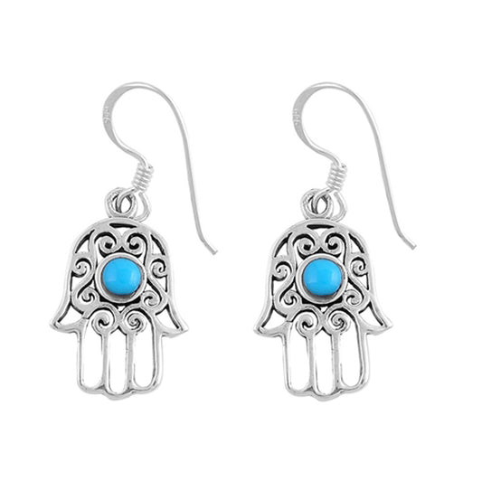 Hand of God Filigree Swirl Hamsa Intricate Detail Simulated Turquoise .925 Sterling Silver Earrings