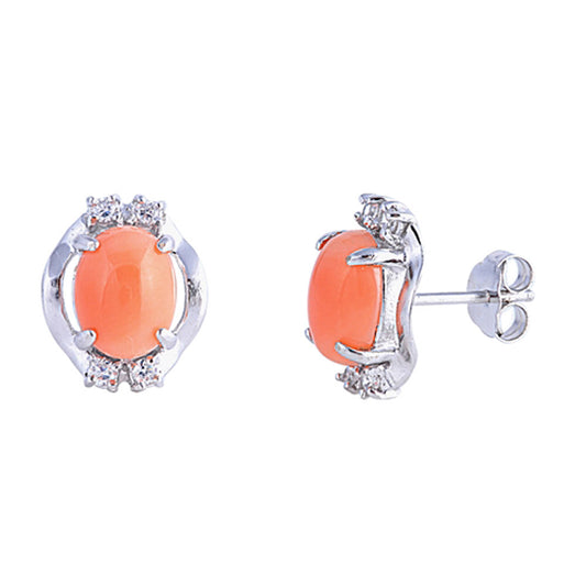 Unique Studded Oval Fashion Simulated Coral .925 Sterling Silver Statement Earrings