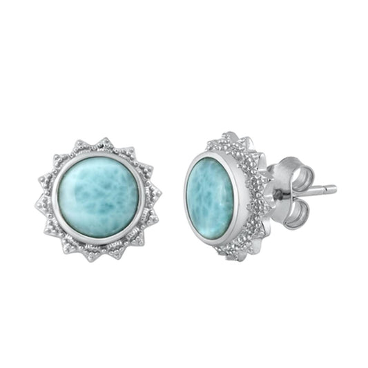 Beautiful Sterling Silver Larimar Round High Polished Shaped Stud Earring 925