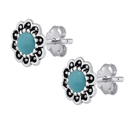 Sterling Silver Bali Style Flower Granulated Edge Cute Earrings Turquoise 925