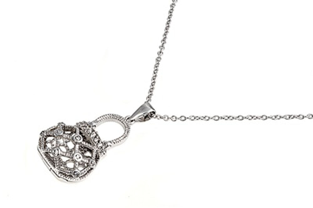 Purse Pendant Necklace Clear Simulated CZ .925 Sterling Silver, 18"