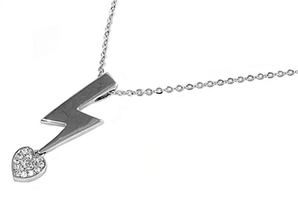 Flash & Heart Pendant Lightning Bolt Necklace Clear Simulated CZ .925 Sterling Silver, 18"