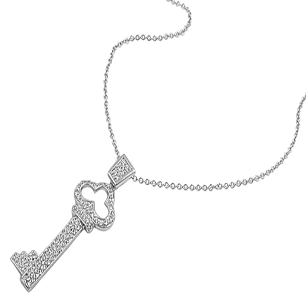 Key Pendant Necklace Clear Simulated CZ .925 Sterling Silver