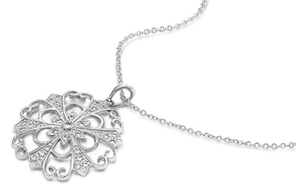 Pendant Filigree Flower Necklace Clear Simulated CZ .925 Sterling Silver