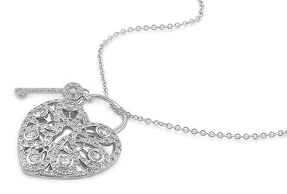Heart Pendant Lock & Key Necklace Clear Simulated CZ .925 Sterling Silver