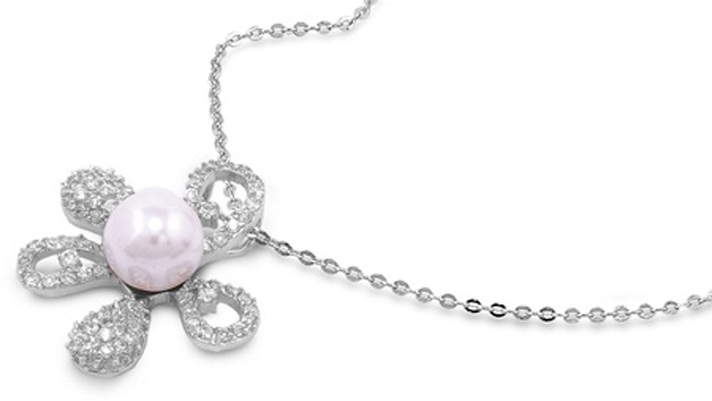 Flower Pendant Necklace Simulated Pearl Clear Simulated CZ .925 Sterling Silver