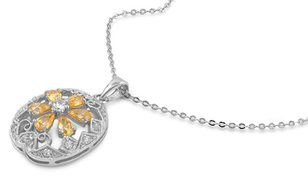 Flower Pendant Necklace Yellow Simulated CZ Clear Simulated CZ .925 Sterling Silver