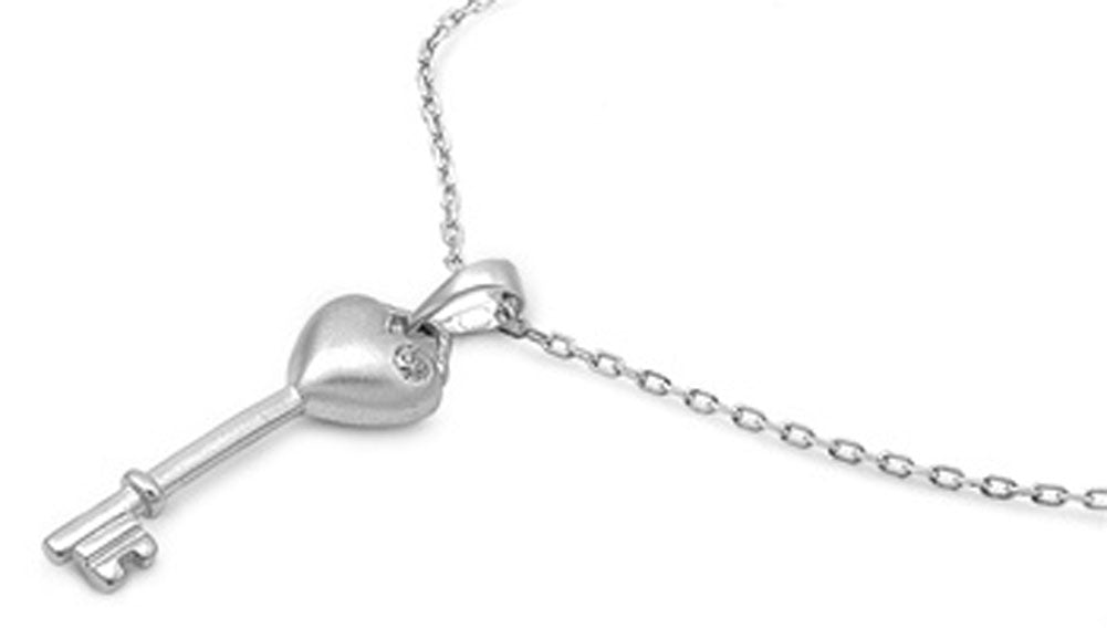 Key Pendant Heart Necklace Clear CZ .925 Sterling Silver