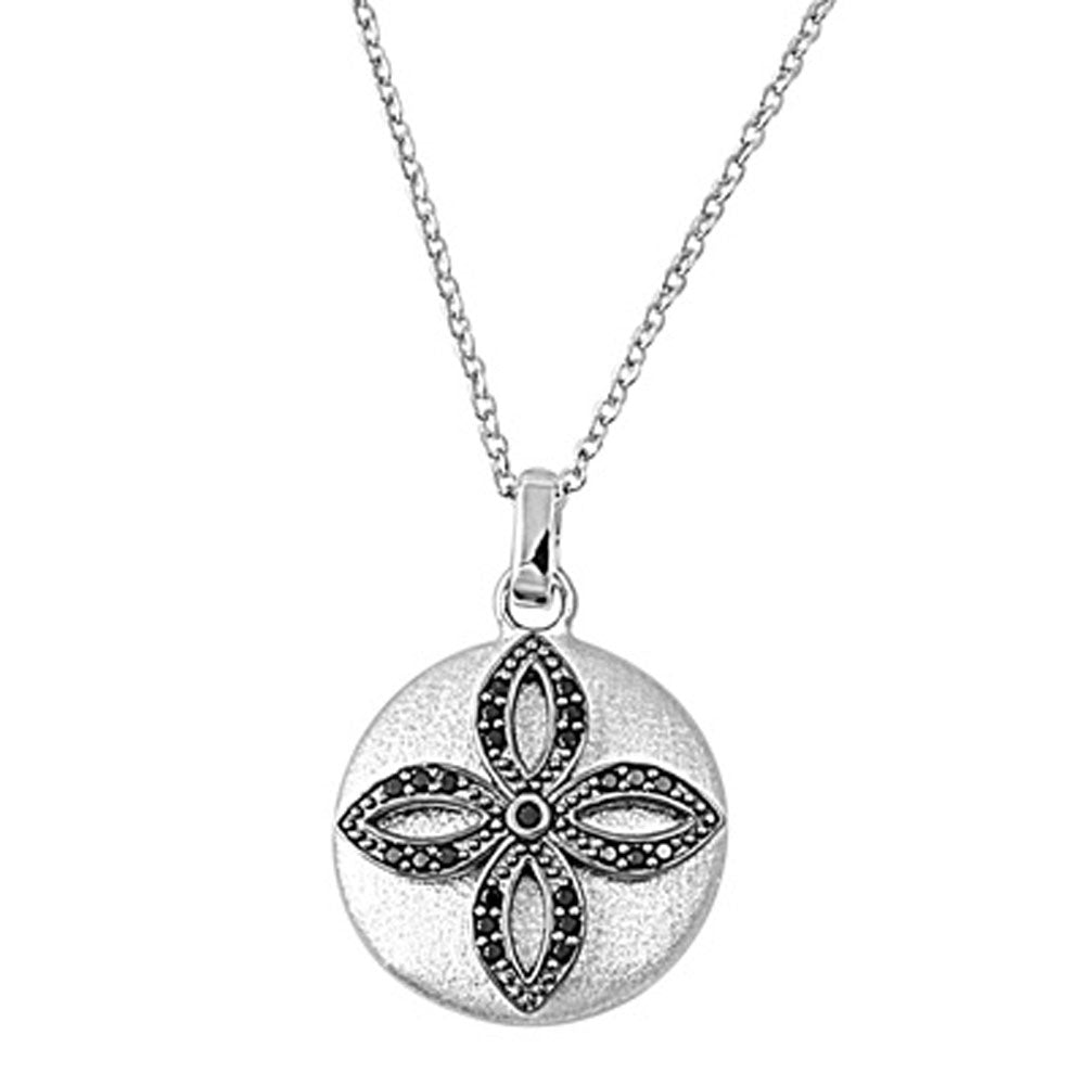Cross Pendant Round Necklace Black Simulated CZ .925 Sterling Silver, 16"