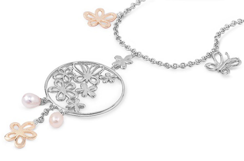 Flower Pendant Hanging Necklace Simulated Pearl .925 Sterling Silver
