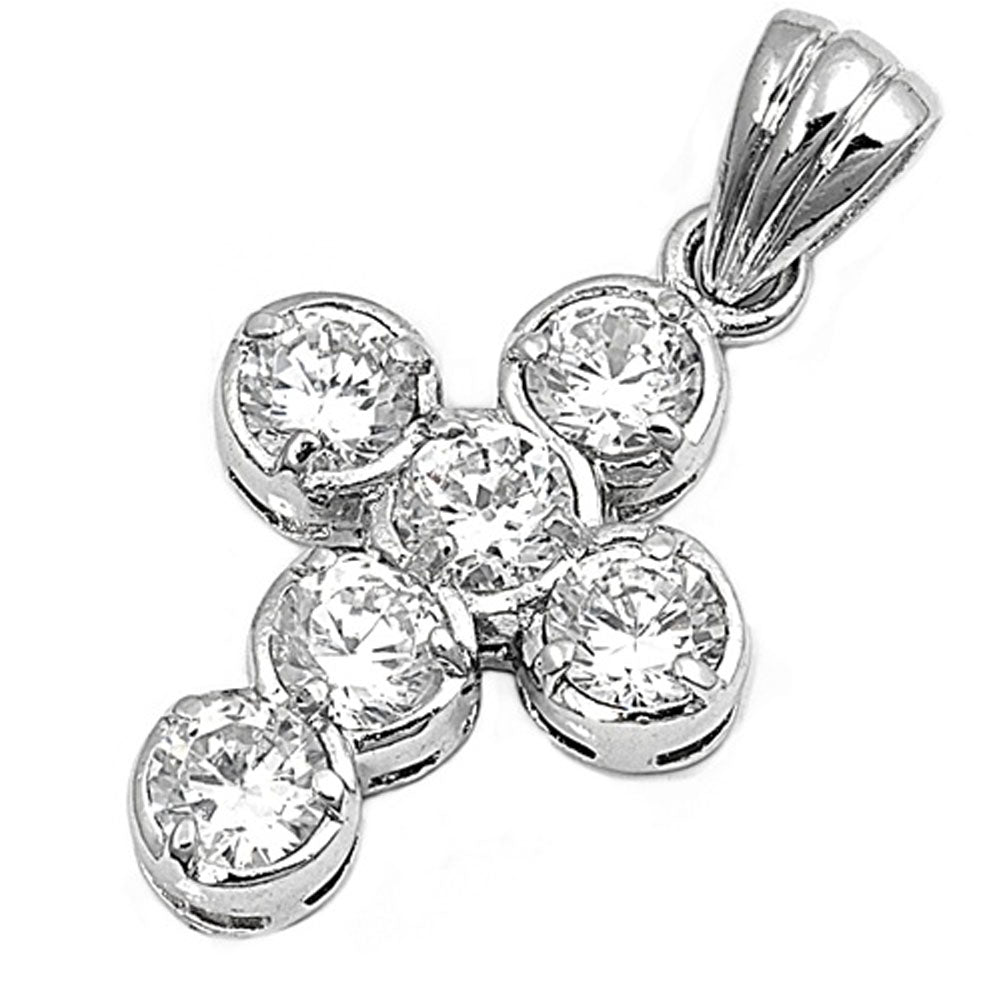 Bold Circle Studded Cross Pendant Clear Simulated CZ .925 Sterling Silver Charm