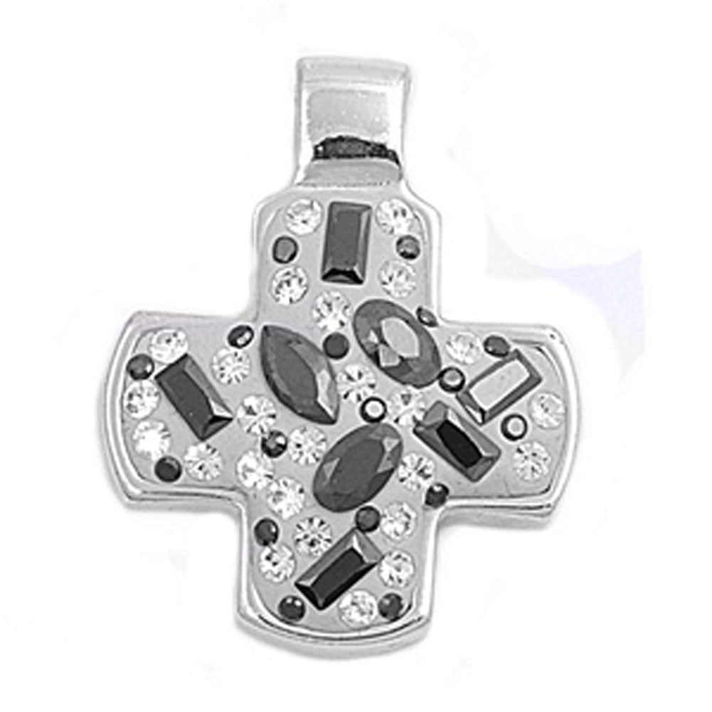 Unique Studded Cross Pendant Black Simulated CZ .925 Sterling Silver Charm