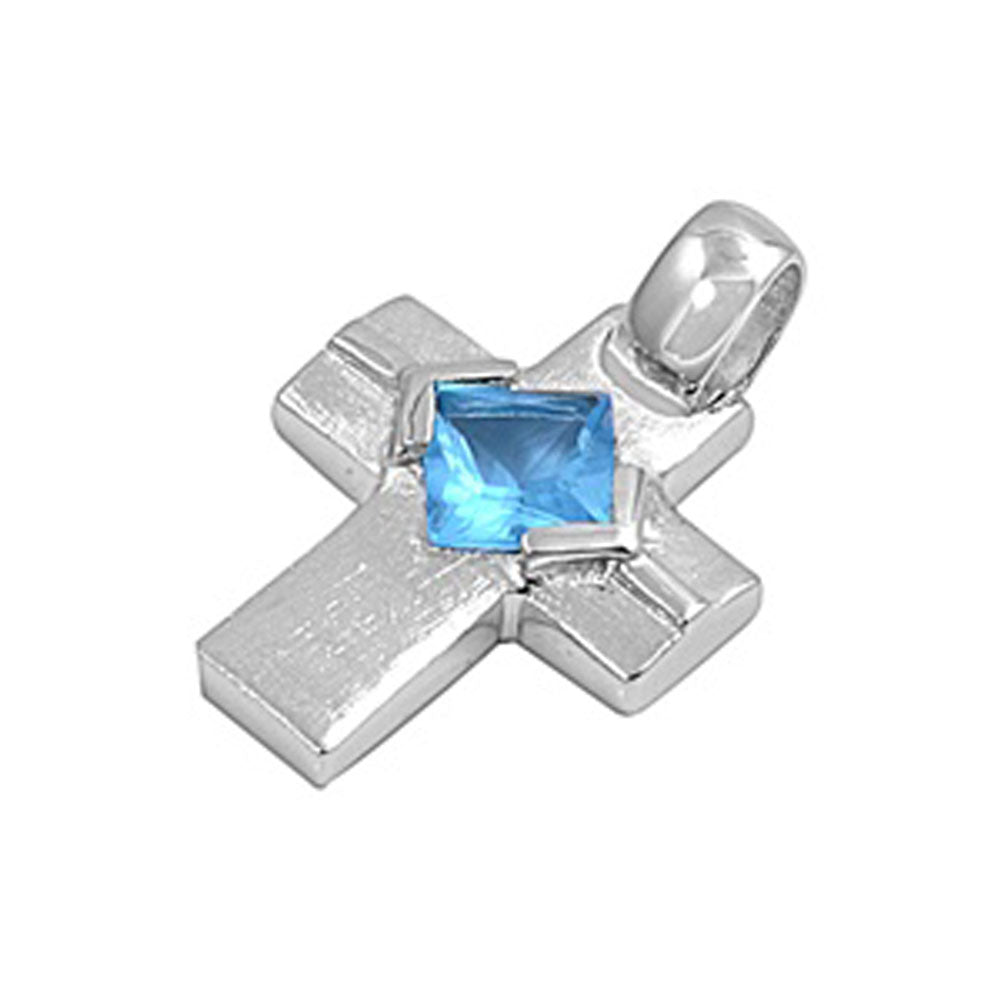Sterling Silver Simple Chunky Studded Cross Pendant Simulated Aquamarine Charm