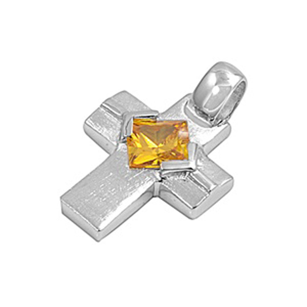 Simple Chunky Cross Pendant Yellow Simulated CZ .925 Sterling Silver Charm