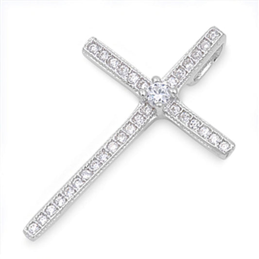 Simple Studded Cross Pendant Clear Simulated CZ .925 Sterling Silver Thin Charm