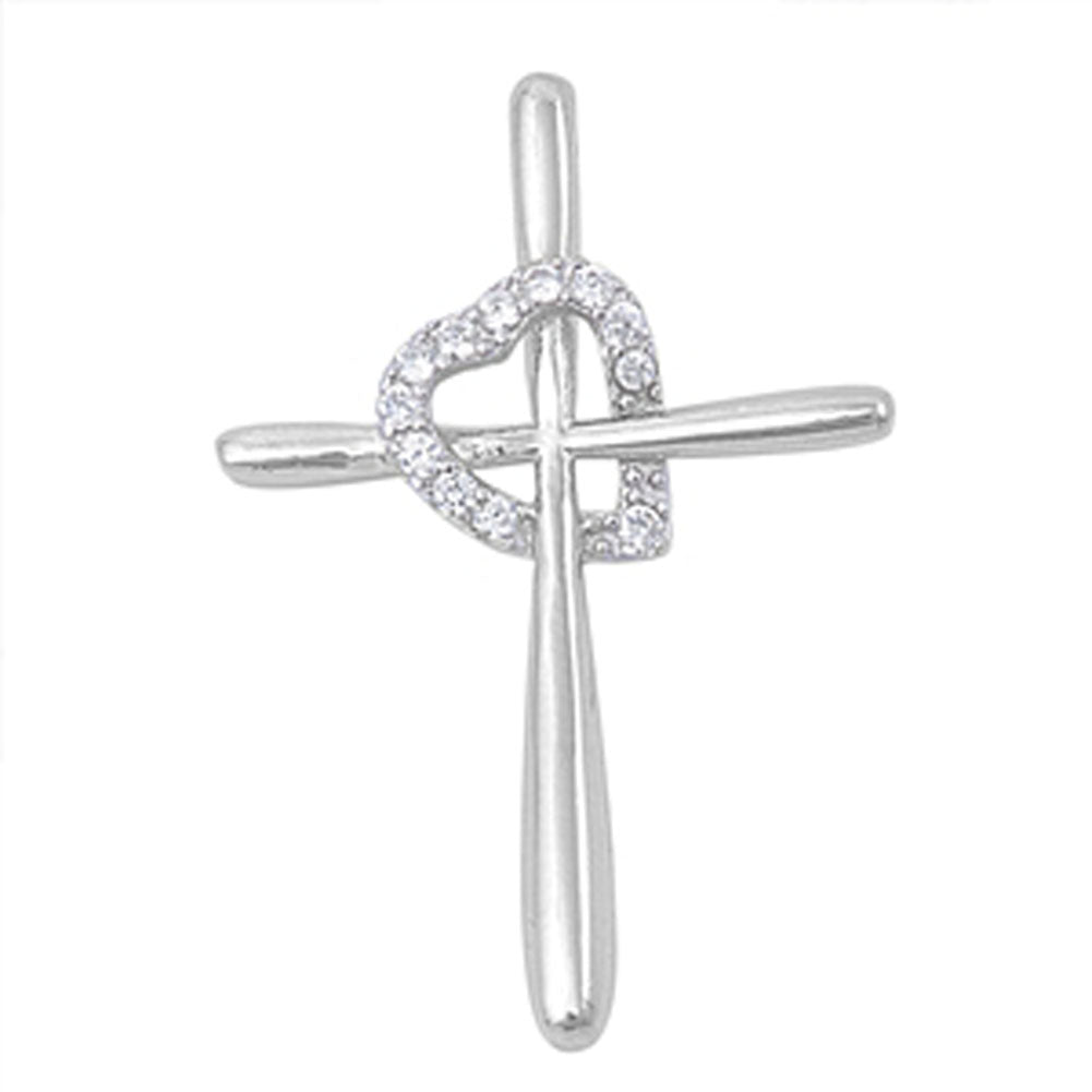 Sterling Silver Heart Elongated Shiny Cross Pendant Clear CZ Charm