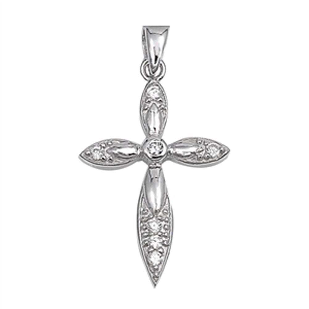 Sterling Silver Fancy Ornate Traditional Cross Pendant Clear Simulated CZ Charm