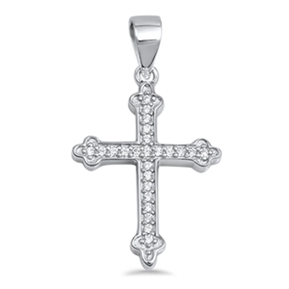 Studded Bud Cross Pendant Clear Simulated CZ .925 Sterling Silver Ornate Charm