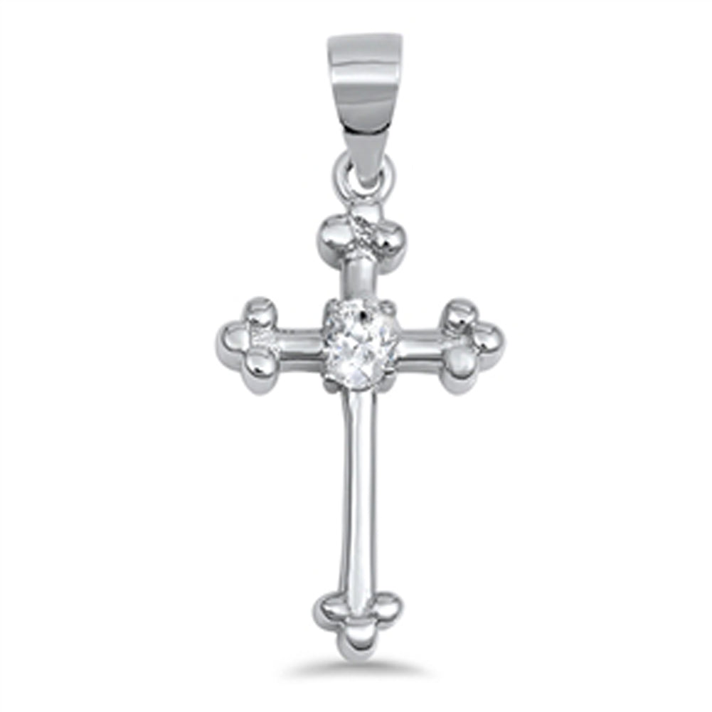 Sterling Silver Rounded Triple Budded Cross Pendant Clear Simulated CZ Charm