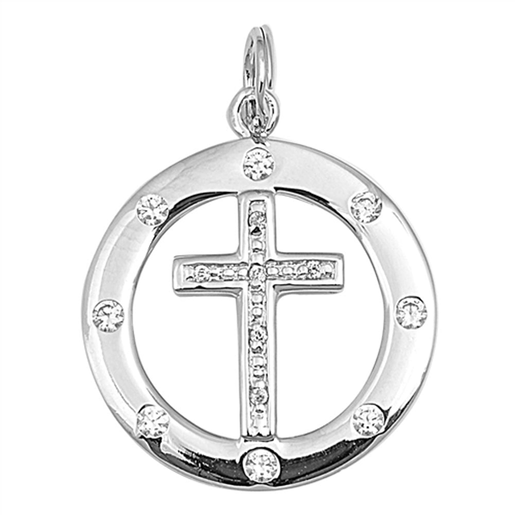 Sterling Silver Studded Cross Within Circle Pendant Clear CZ Charm
