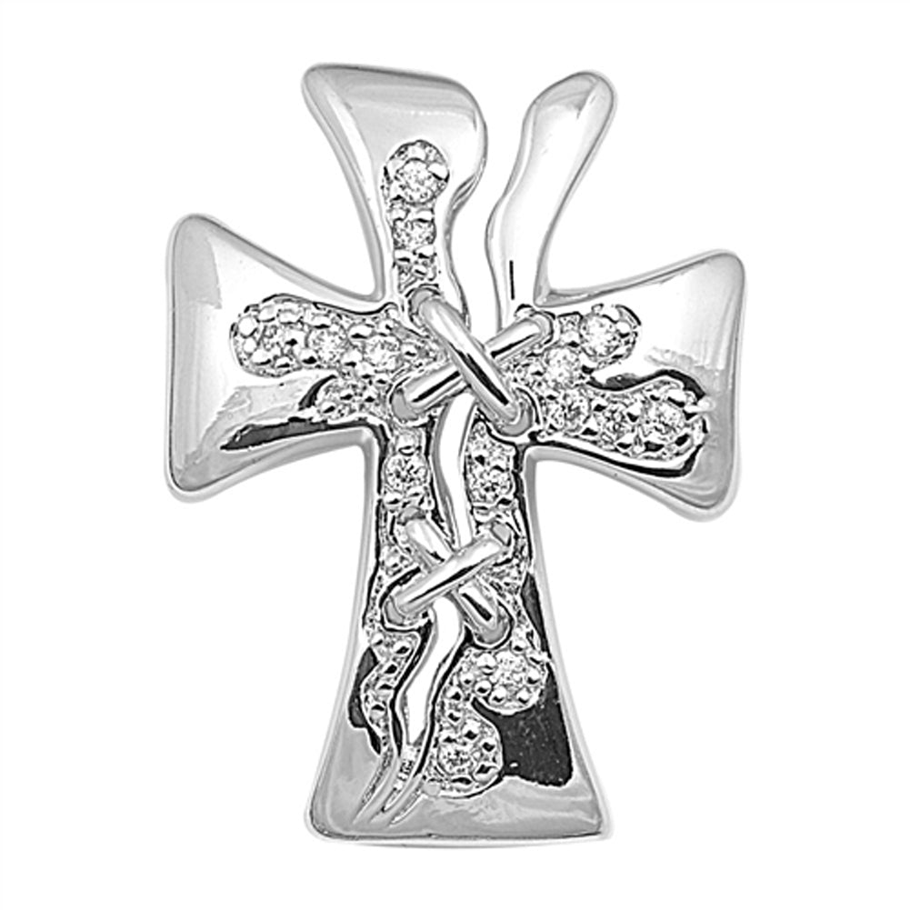 Split Stitched Rope Cross Pendant Clear Simulated CZ .925 Sterling Silver Charm